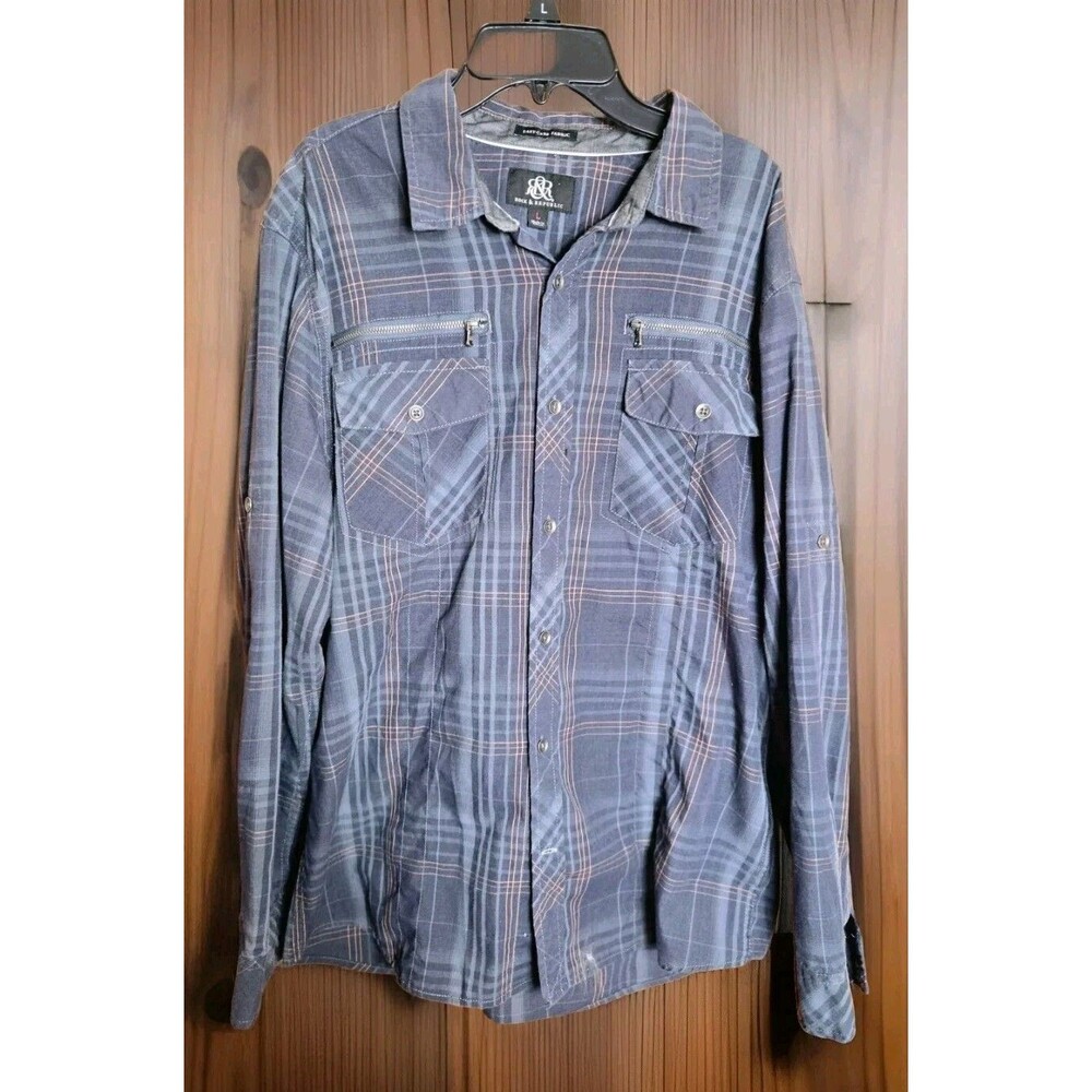 Rock & Republic Mens L Gray Plaid Moto Shirt Y2K Vintage Style Zipper Pockets LS
